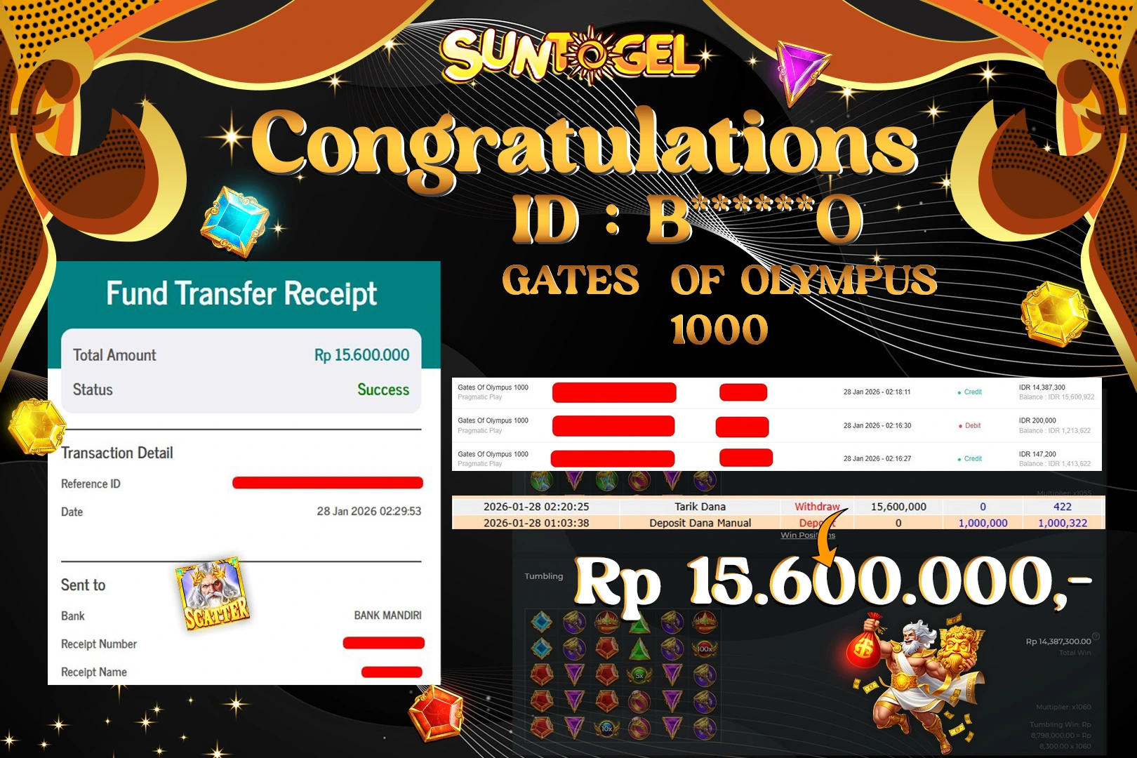 SUNTOGEL – JP Slot Pragmatic Play Gates Of Olympus 1000 Rp 15.600.000,-